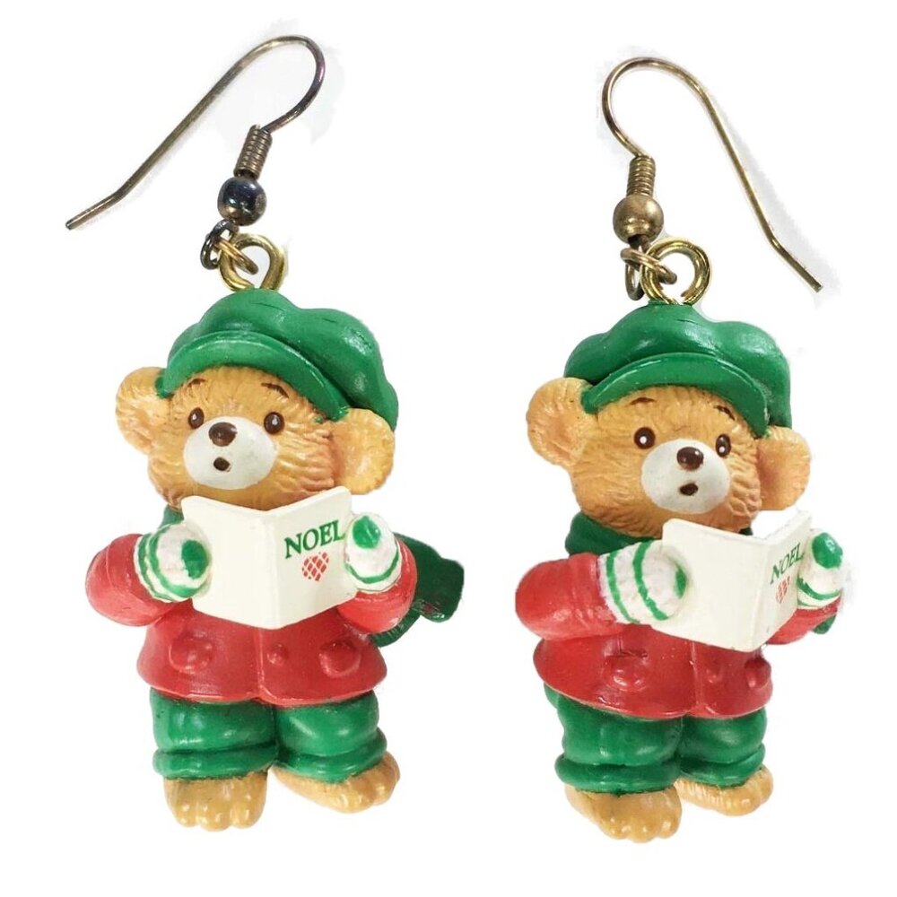 Vtg TCFC Caroling Teddy Bear Christmas Holiday Earrings Red Green Noel Care Bear